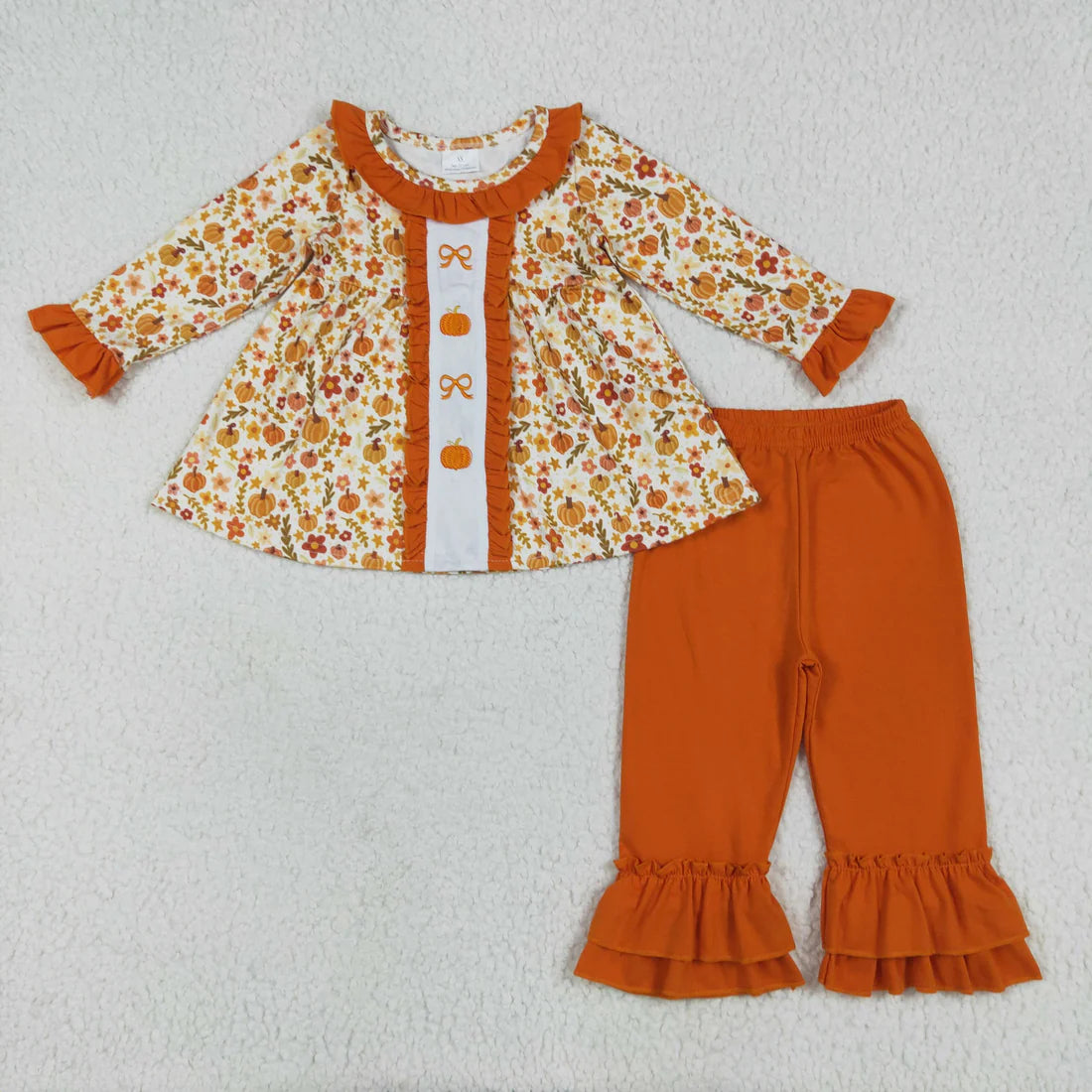 10.2 RTS Sibling Embroidery Baby Girls Fall Bows Pumpkins Tunic Pants Set Knee Length Dress Rompers