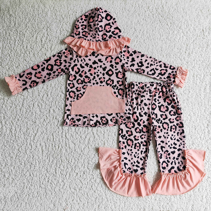 Baby Girls Lace Leopard Pocket Hooded Pullover Long Sleeve Pants Set