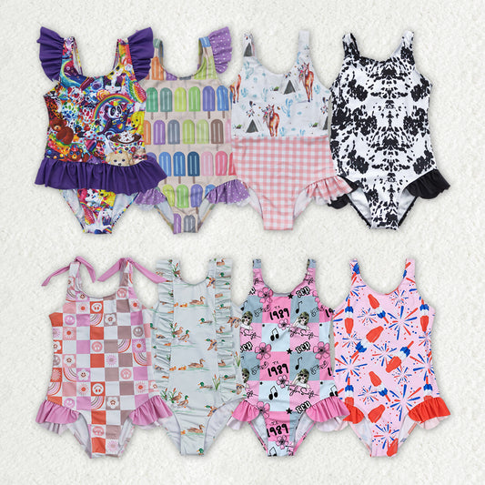 Girls Sleeveless Swimsuit Pink Popsicle Firework Design 4th of July Patriotic Swimwear for Kids