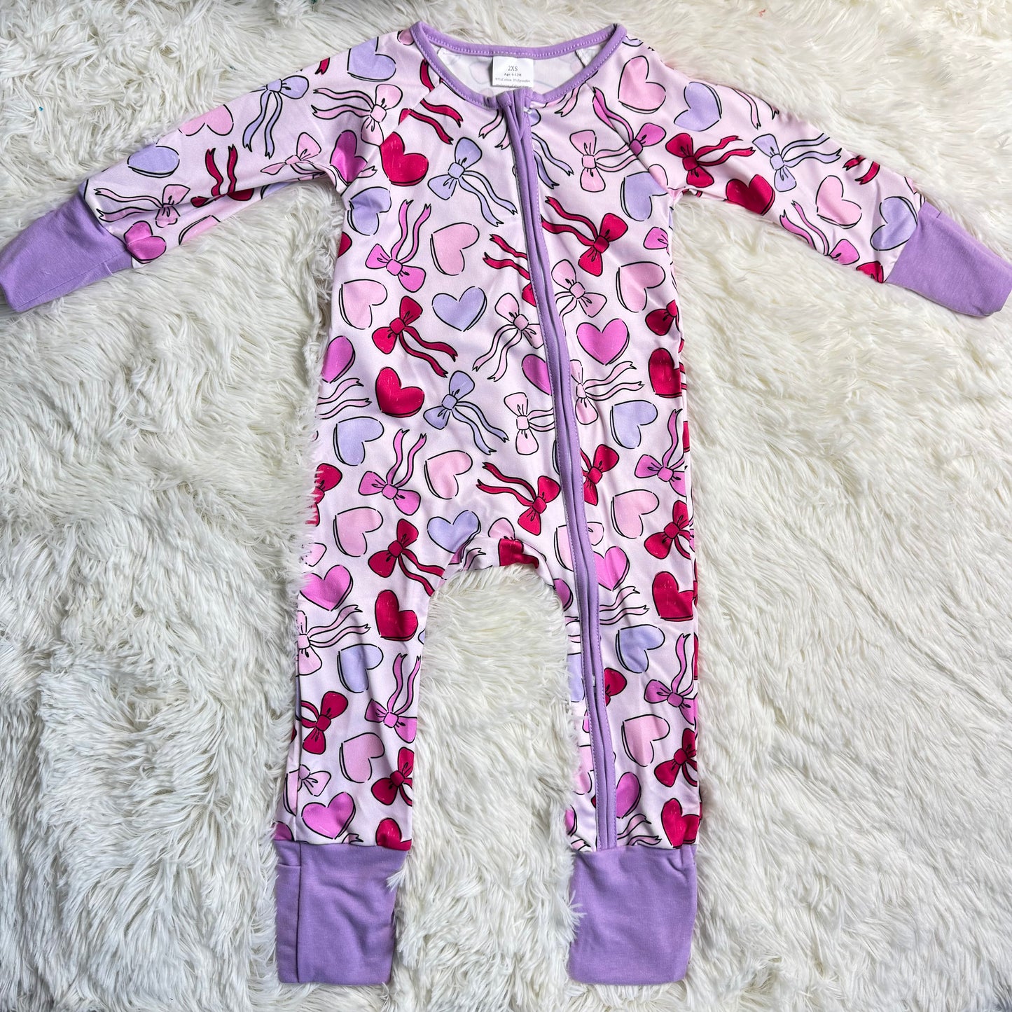 12.9 RST LR2883 Baby Girls Long Sleeve Hearts Bows Valentines Two Way Zip Convertible Rompers