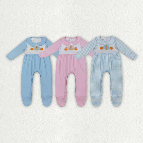 10.10 RTS Sibling Embroidery Pumpkins Turkey Baby Infant Thanksgiving Fall Footed Rompers