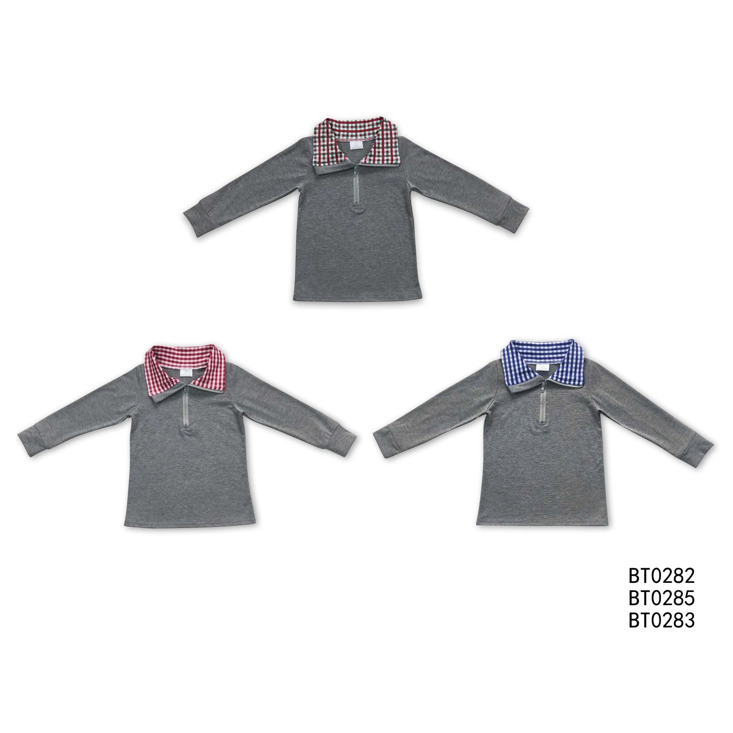 BT0282 BT0285 BT0283 Grey plaid zip-up collar long-sleeved pullover top