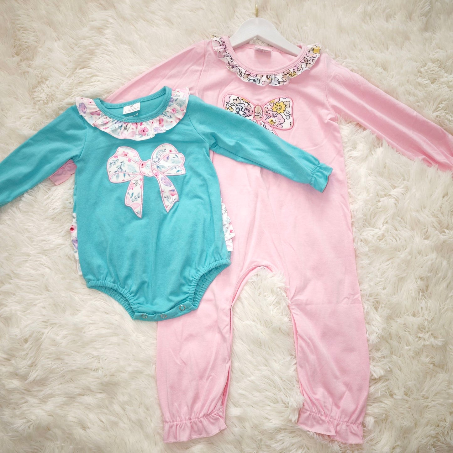 10.23 RTS Sibling Baby Infant Girls Flowers Bow Long Sleeve Rompers
