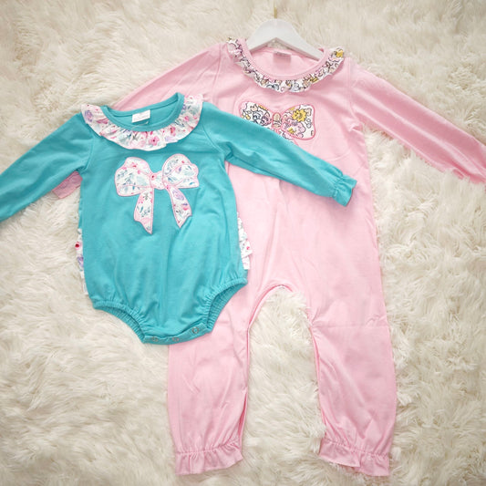 10.23 RTS Sibling Baby Infant Girls Flowers Bow Long Sleeve Rompers
