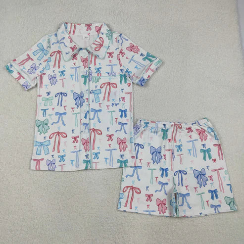 11.8 RTS Silbing Mama and Me Colorful Bows Pocket Button Top Shorts Pajamas Sets
