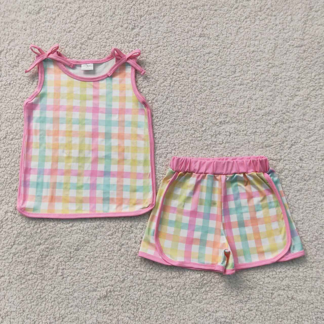 GSSO3659 RTS NO MOQ (In stock)Baby Girls Colorful Check Plaid Sleeveless Shirt Top Elastic Waist Shorts Two Piece Casual Summer Clothes Set