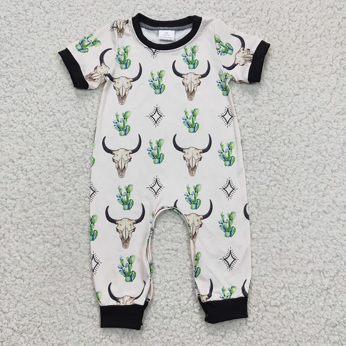 Baby Boys Western Cowboy Hat - Bull Head Pattern Short Sleeve Long Romper