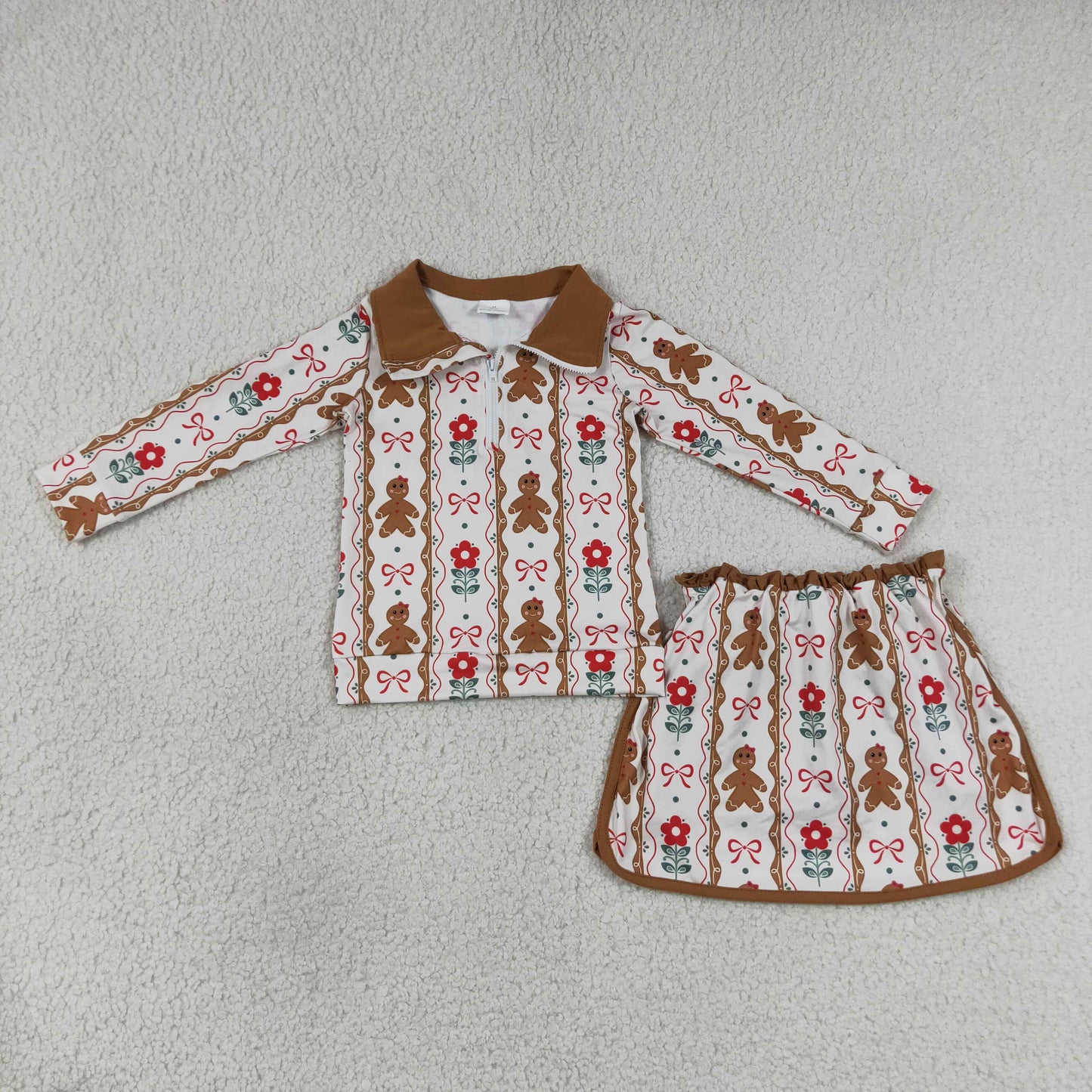 GLD1607 RTS NO MOQ (In stock)Gingerbread bow floral pullover skirt girls Christmas outfit