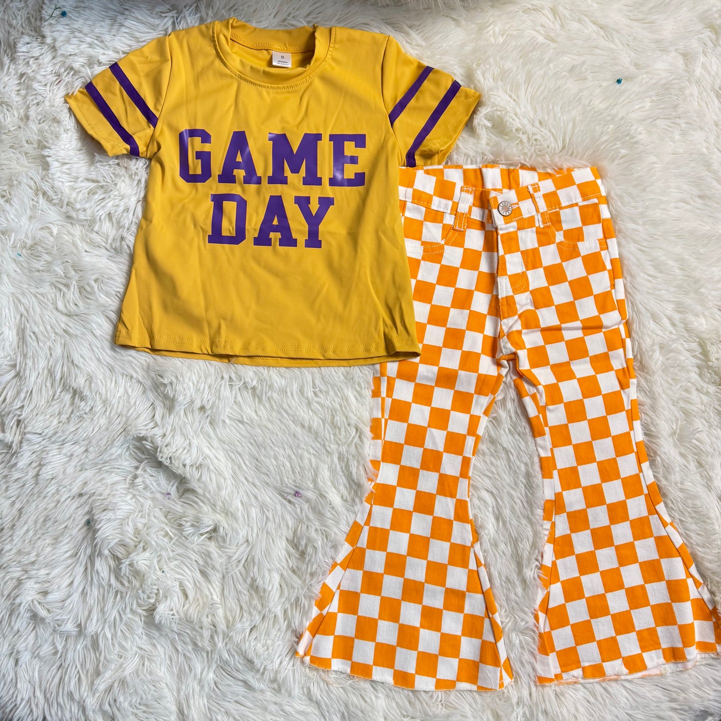 12.30 RST GT1100 + P0468 Baby Girls Purple Game Day Yoga Active Team Tee Shirts Tops Checkered Bell Flare Denim Pants