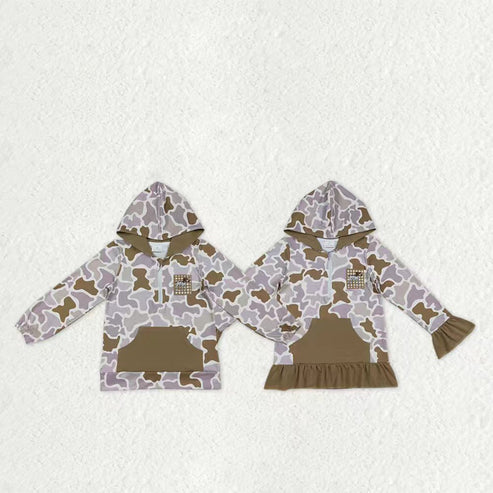 10.10 RTS Sibling Baby Boys Girls Embroidery Dog Duck Camo Pocket Zipper Hunting Hoodies Top