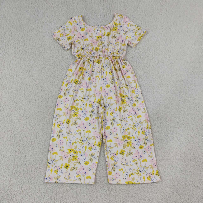 SR4196 RTS NO MOQ (In stock)Short sleeves pink yellow floral kids girls jumpsuit
