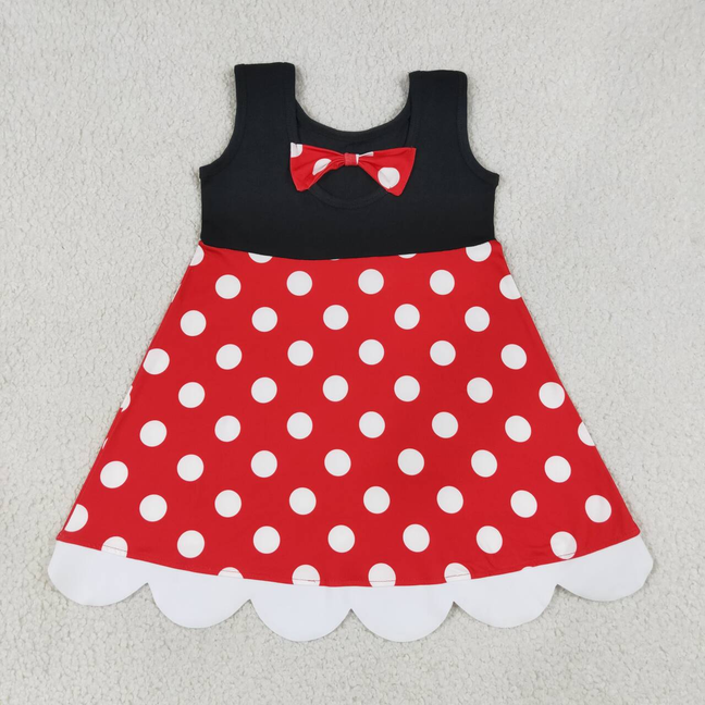 GSD2037 RTS NO MOQ (In stock)Baby Girls Black Polka Dots Knee Length Summer Dress)