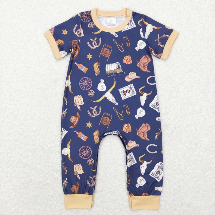 Baby Boys Western Cowboy Hat - Bull Head Pattern Short Sleeve Long Romper