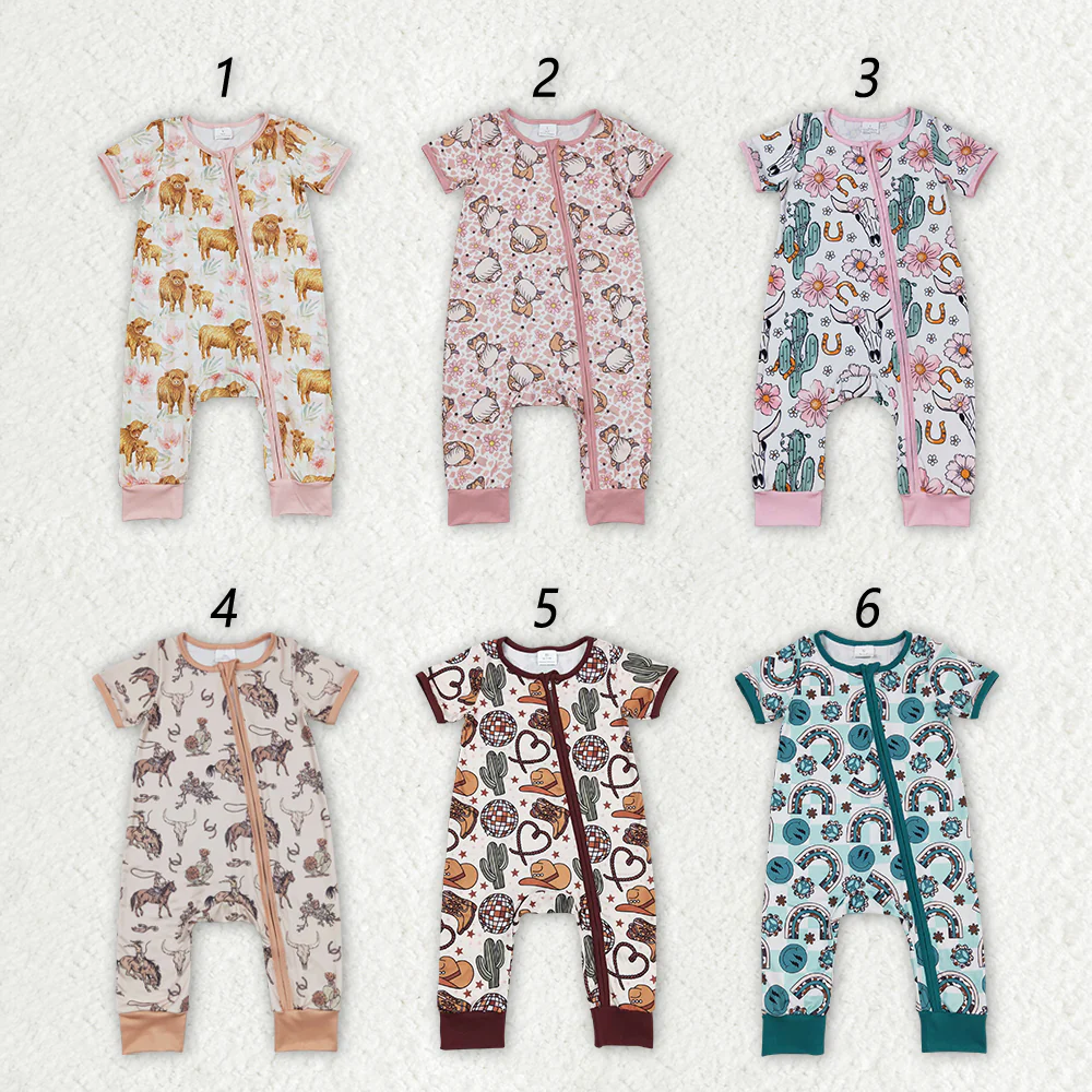Sibling Boys Baby Infant Girls Cows Short Sleeve Zip Rompers