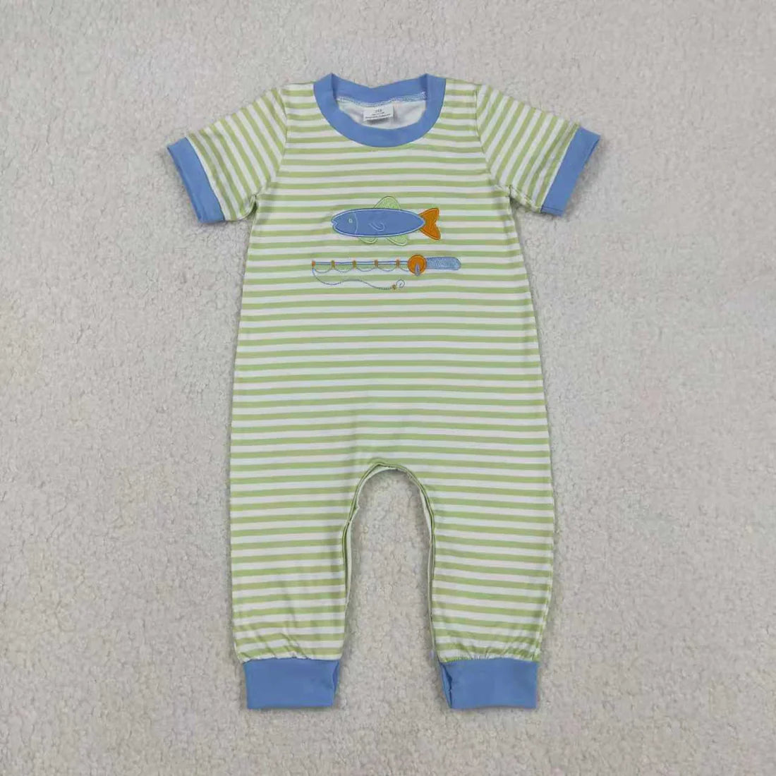 12.5 RTS Sibling Baby Boys Embroidery Fishing Stripe Top Pockets Pant Hunting Clothes Sets Footie Romper