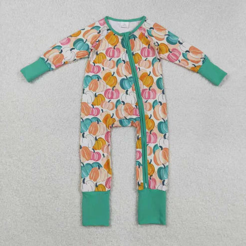 9.20 RTS Sibling Baby Girls Green Orange Pumpkins Fall Pajamas Sets Rompers Knee Length Dresses