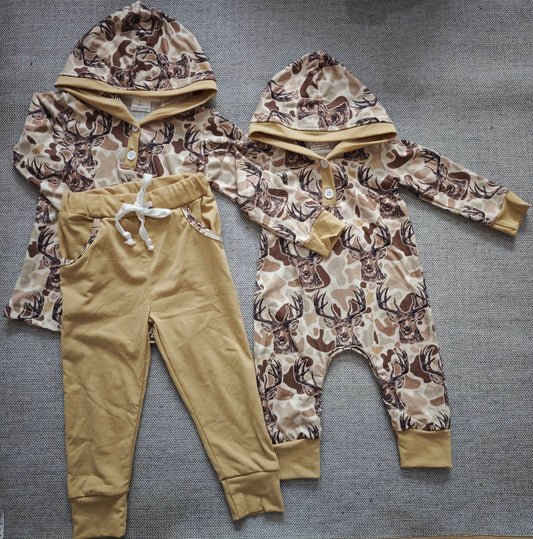 10.15 RTS Sibling Baby Boys Khaki Camo Deer Hoodies Pockets Leggings Hunting Clothes Set Footie Rompers