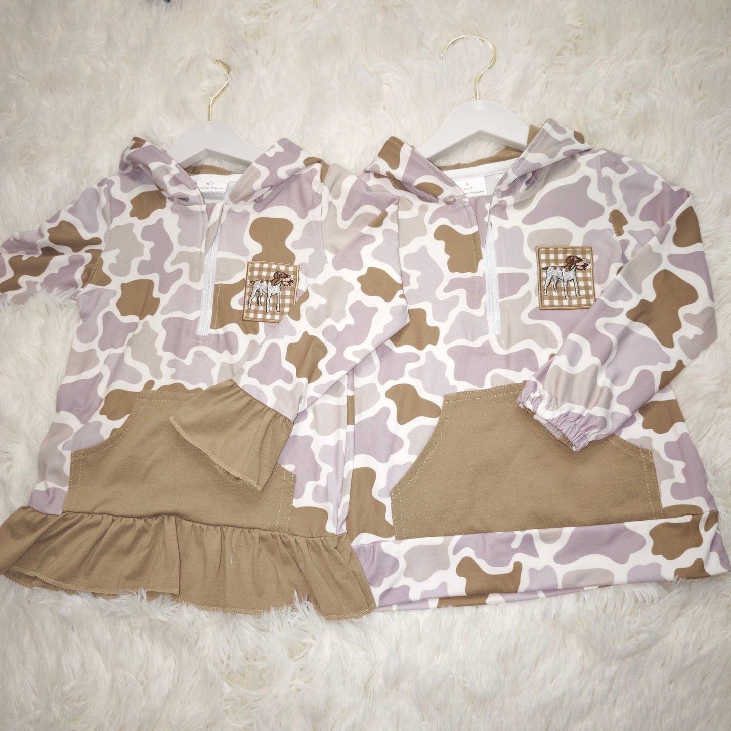 10.20 RST Sibling Baby Boys Girls Embroidery Dog Duck Camo Pocket Zipper Hunting Hoodies Top
