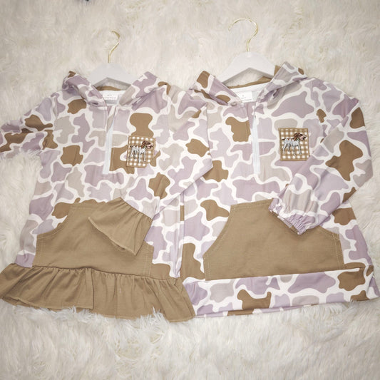 10.20 RST Sibling Baby Boys Girls Embroidery Dog Duck Camo Pocket Zipper Hunting Hoodies Top