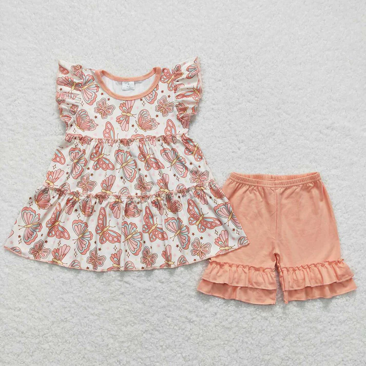 Baby Girls Colorful Floral Pattern Fly Sleeve Top Lace-up Shorts Set