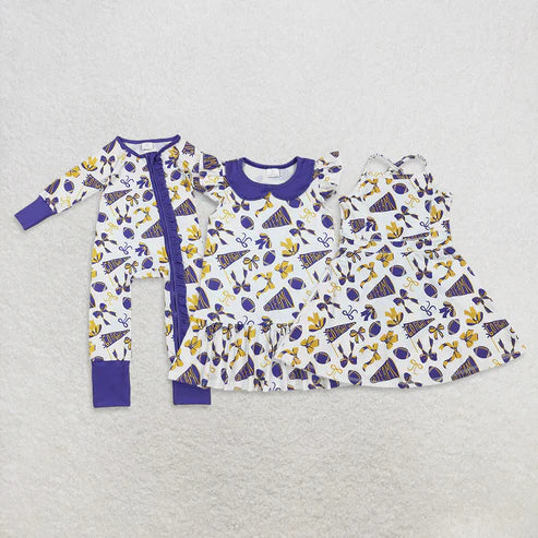 10.10 RST Sibling Baby Girls Purple Bows Footballs Go Team Ruffle Zipper Romper Knee Length Dresses