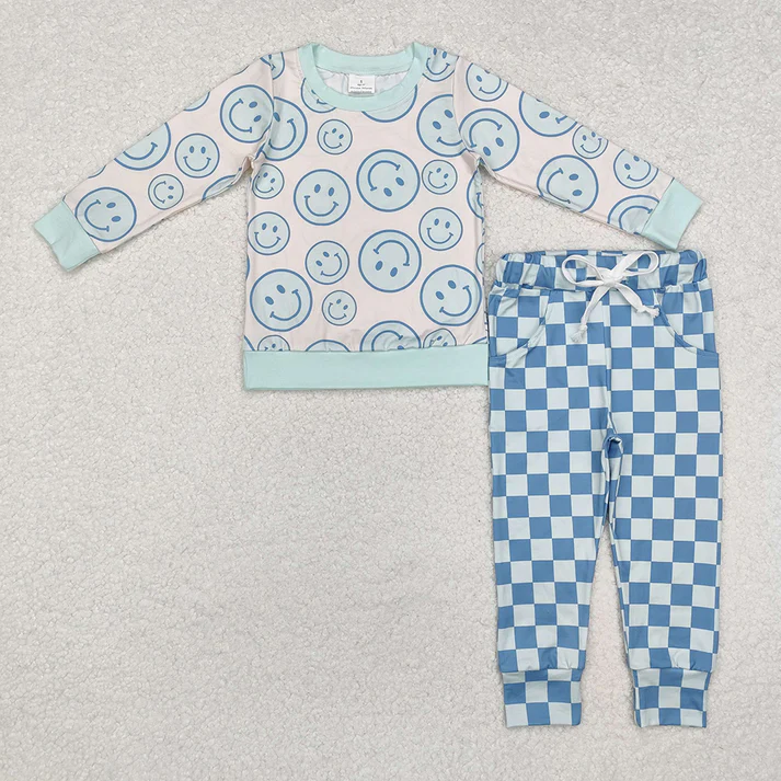 Baby Boys and Girls Smiley Face Print Long Sleeve Top and Plaid Pants Set