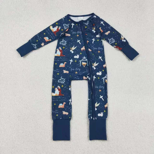 9.20 RTS Sibling Baby Boys Navy Nativity Christmas Pajamas Sets Zipper Footie Rompers