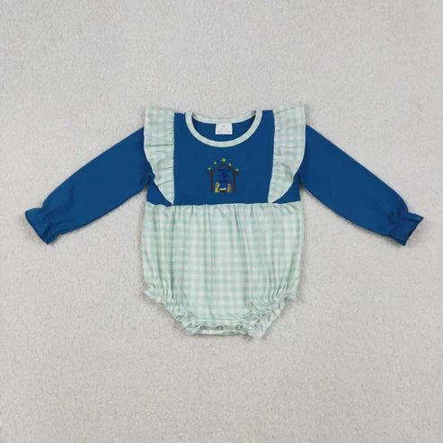 9.17 RTS Sibling Baby Girls Embroidery Nativity Pockets Ruffle Pants Christmas Clothes Set Rompers