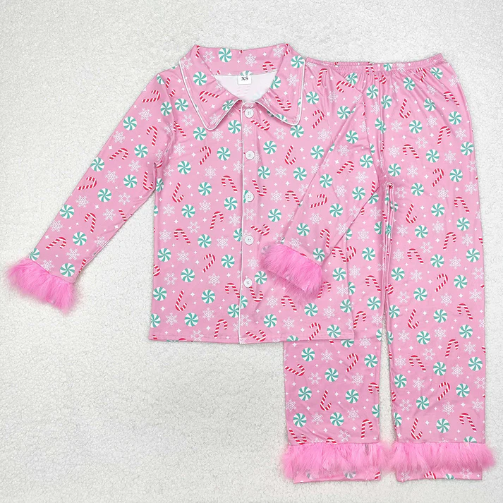Baby Girls and adults women Christmas Striped Candy Cane-Candy Pink Plush Button Long Sleeve Long Pants Pajama Set