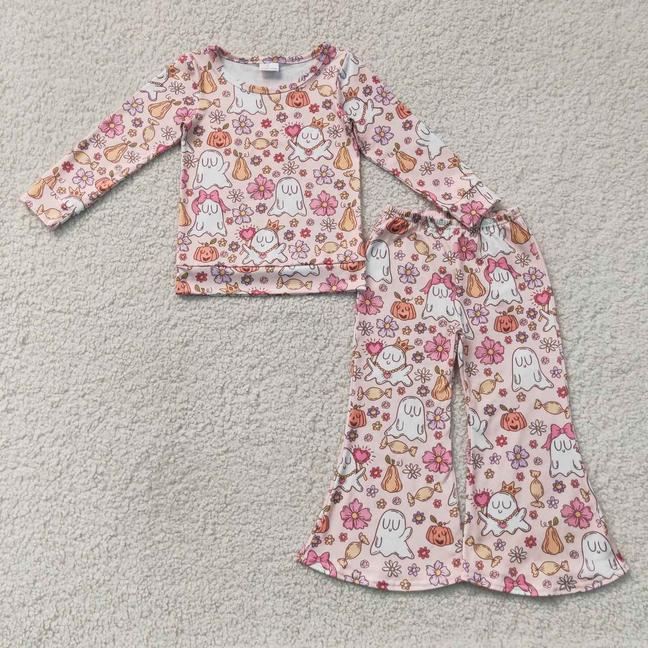 GLP3404 RTS NO MOQ (In stock)Baby Girls Floral Ghost Halloween Shirt Top Pant Set