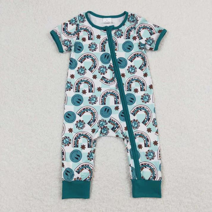 Baby kids green smiley face U-shaped plaid overalls-short-sleeved zipper romper