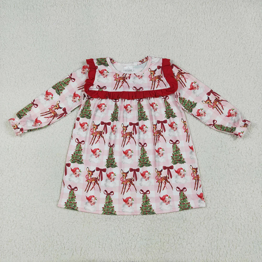 10.2 RTS Sibling Baby Girls Red Long Sleeves Santa Trees Rompers Dresses Outfits