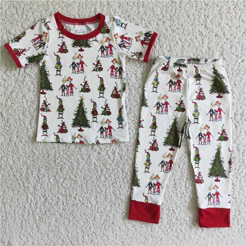 E2-2 Boys Christmas tree grinch short-sleeved trousers suit