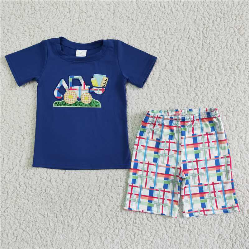 BSSO0051 Embroidery Baby boys excavator plaid shorts sets