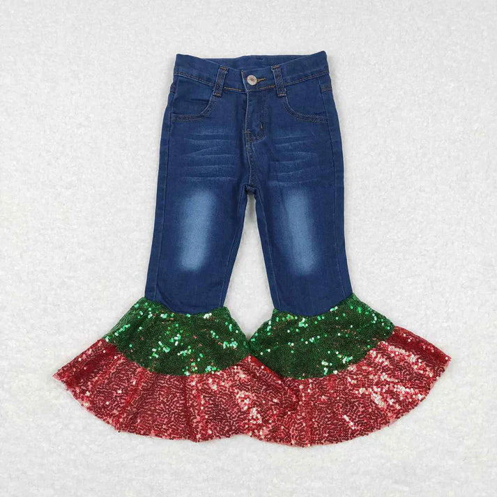 10.28 RST Sibling Baby Girls Sequin Holiday Bell Flare Denim Pants