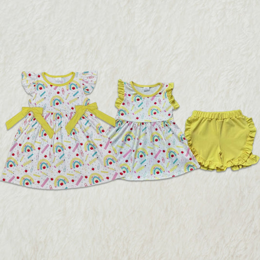 6.05  Girls Rainbow Pencil Skirt Outfit Yellow Apple Design Back to School Ensemble for Kids