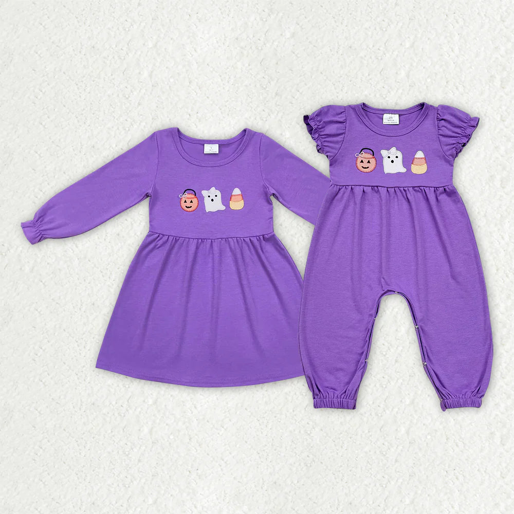 10.3 RTS Sibling Baby Girls Lavender Ghost Halloween Rompers Dresses