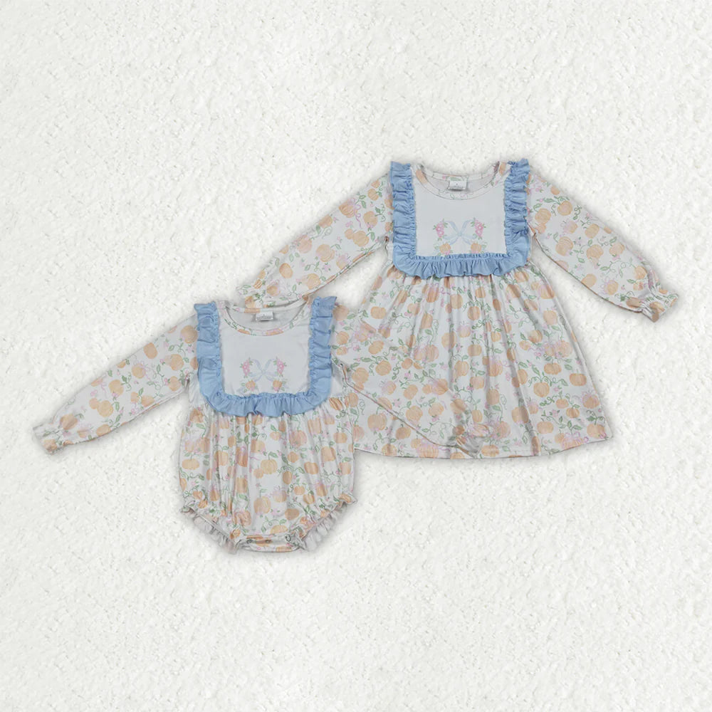 10.1 RTS Sibling Baby Girls Pumpkins Flowers Bib Rompers Dresses