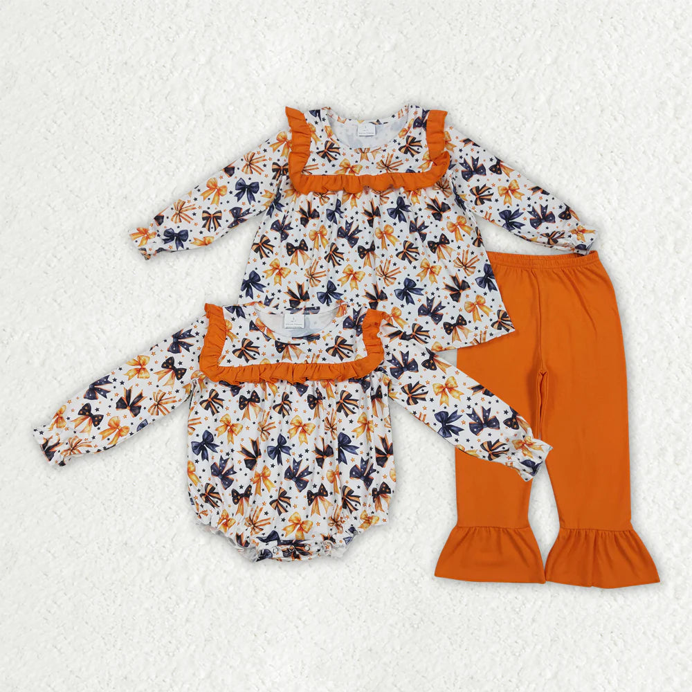10.1 RTS Sibling Baby Girls Halloween Colorful Bows Rompers Outfits Sets