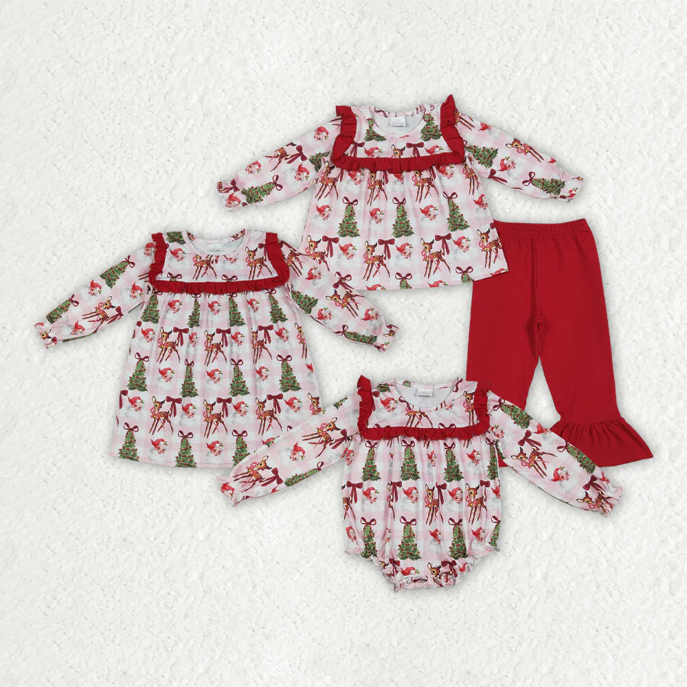 10.2 RTS Sibling Baby Girls Red Long Sleeves Santa Trees Rompers Dresses Outfits