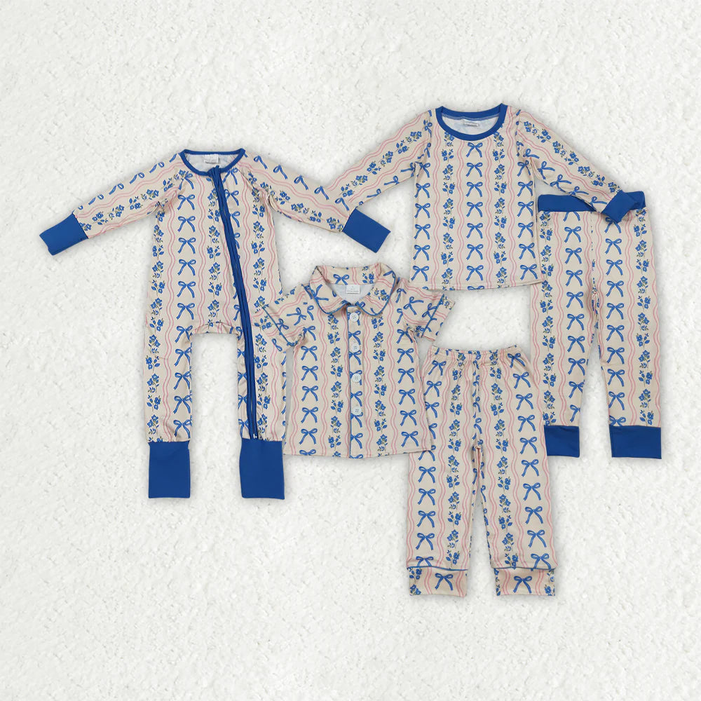10.2 RTS Sibling Baby Girls Blue Bows Flower Stripe Rompers Pajamas Sets