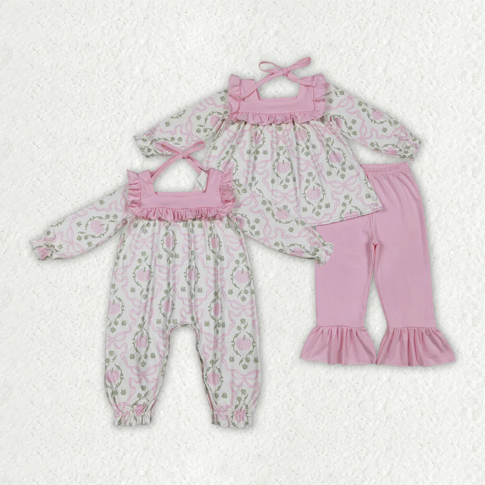 10.2 RTS Sibling Baby Girls Pumpkins Bows Rompers Outfits Sets