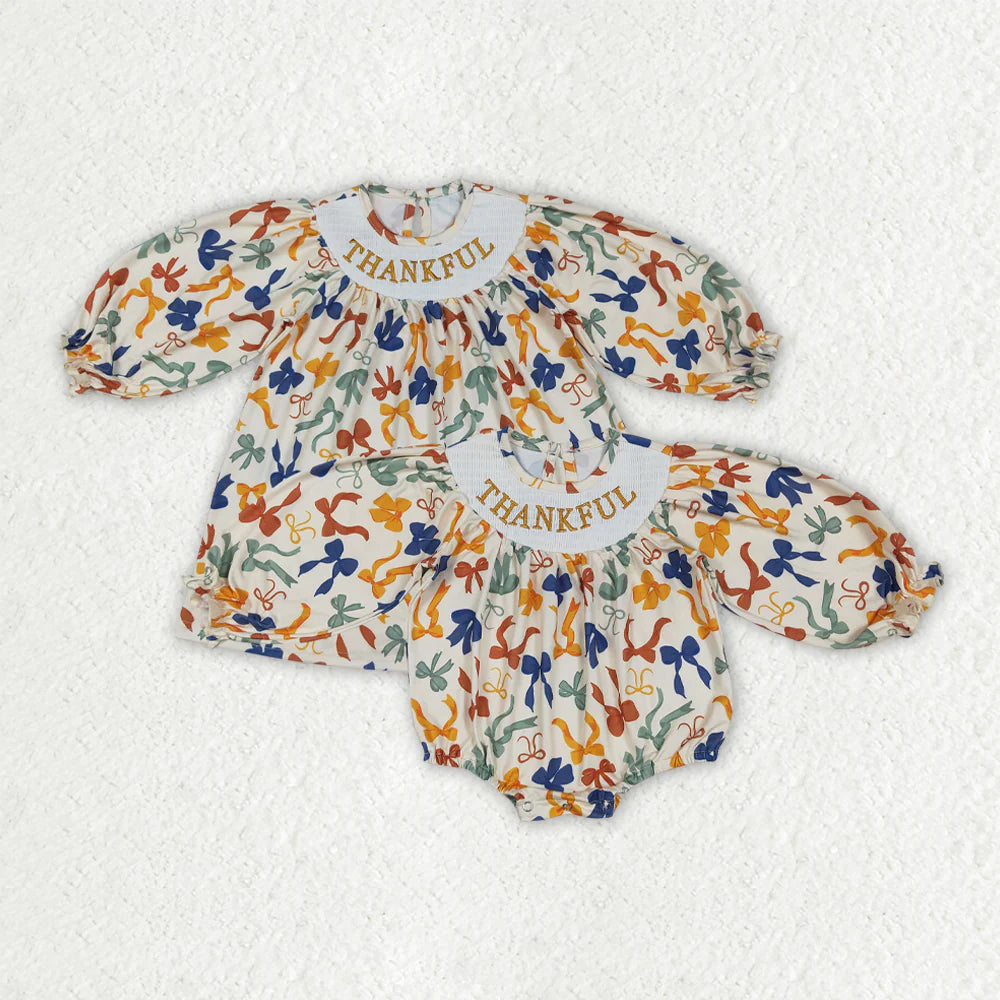 10.1 RTS Sibling Smocked Embroidery Baby Girls Thanksgiving Thankful Colorful Bows Rompers Dresses