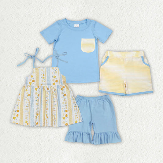 10.18 RTS Sibling Boys Baby Girls Yellow Floral Bows Summer Outfits Sets