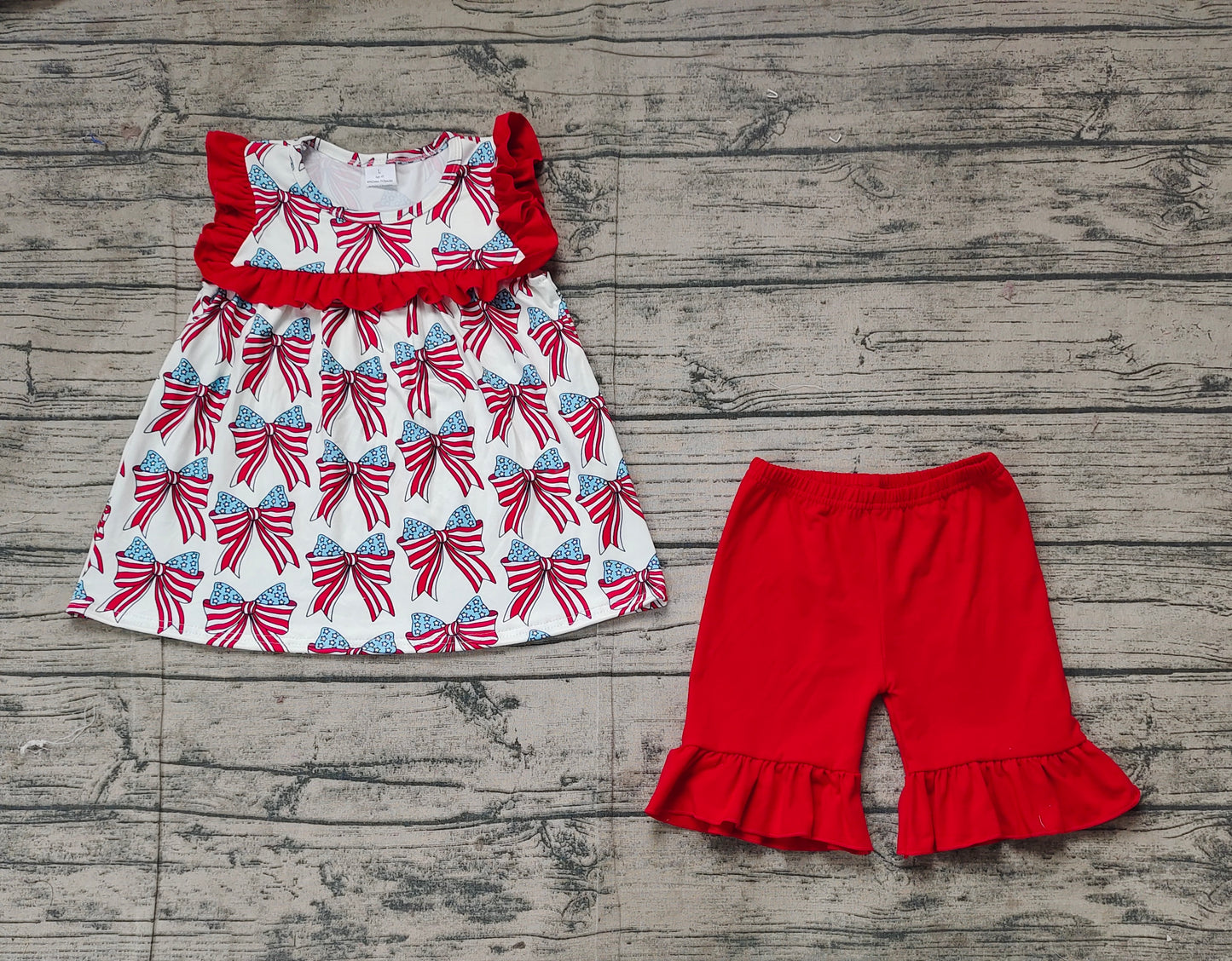GSSO2019+GT0949Kids Girls Red Ruffle Stars And Stripes Bow Outfit 4th of July Patriotic Clothing Set