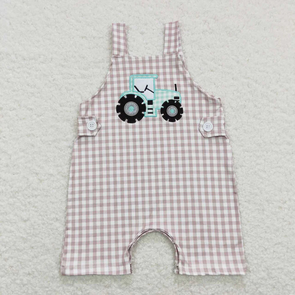 USA Warehouse (IN STOCK) SR0631 Baby Boys Summer Romper Baby Infant Boys Straps Tractor Khaki Chekered Summer Farm Rompers