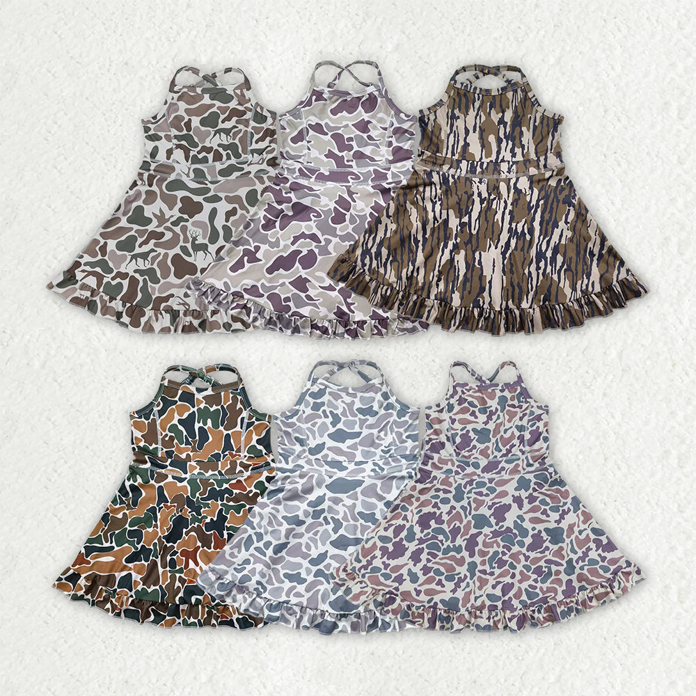 10.18 RST Sibling 6 colors Baby Girls Strap Camo Yoga Ruffle Knee Length Dresses