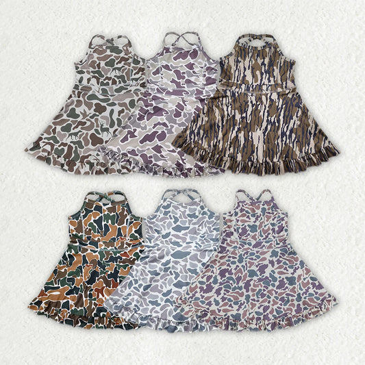 10.18 RST Sibling 6 colors Baby Girls Strap Camo Yoga Ruffle Knee Length Dresses