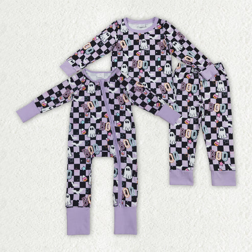 9.20 RTS Sibling Baby Girls Black Lavender Checked Ghosts Halloween Pajamas Sets Zipper Footie Rompers