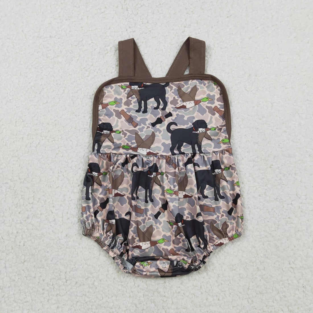 3.18 RTS Sibling Baby Boys Brown Top Dog Ducks Camo Pockets Short Hunting Clothes Set Rompers